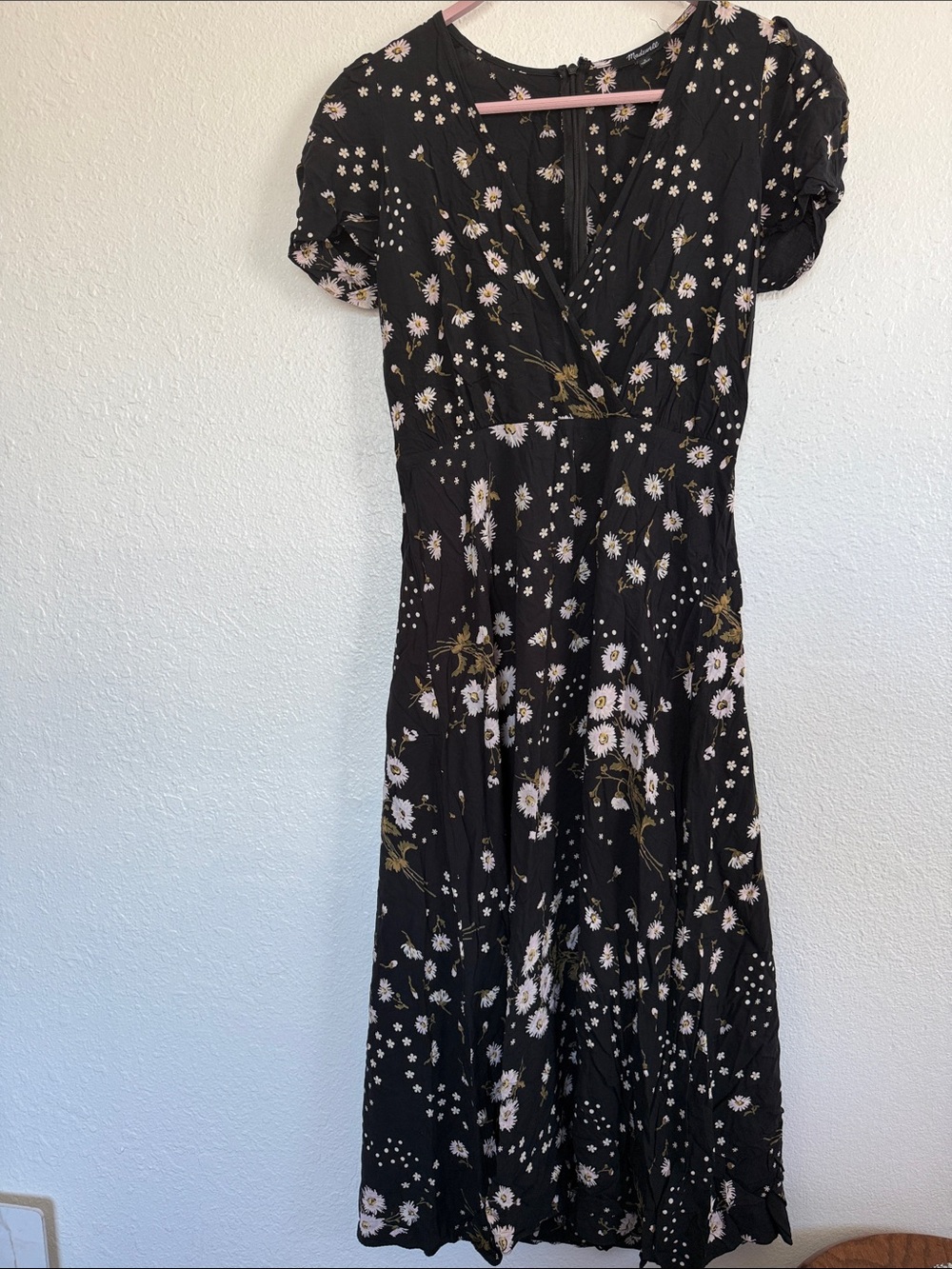 Madewell Black Floral A-Line Midi Dress with Puff Sleeves